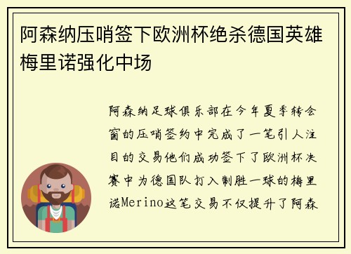 阿森纳压哨签下欧洲杯绝杀德国英雄梅里诺强化中场